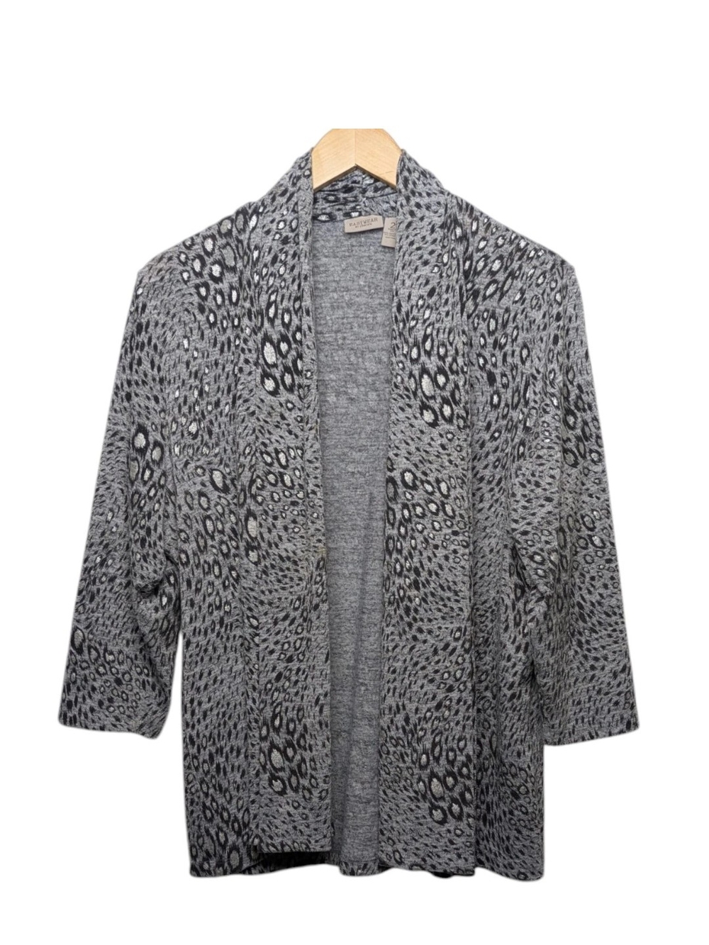 Chicos 2 Easywear Leopard Cardigan Large Gray Black Silver Open Front